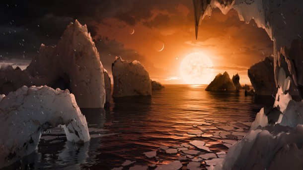 This artist's concept by Tim Pyle allows us to imagine what it would be like to stand on the surface of the exoplanet TRAPPIST-1f, located in the TRAPPIST-1 system in the constellation Aquarius. Credit: NASA/JPL-Caltech This artist's concept by Tim Pyle allows us to imagine what it would be like to stand on the surface of the exoplanet TRAPPIST-1f, located in the TRAPPIST-1 system in the constellation Aquarius. Credit: NASA/JPL-Caltech