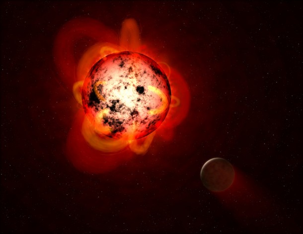 This illustration shows a red dwarf star orbited by a hypothetical exoplanet. Credit: NASA/ESA/G. Bacon (STScI) This illustration shows a red dwarf star orbited by a hypothetical exoplanet. Credit: NASA/ESA/G. Bacon (STScI)