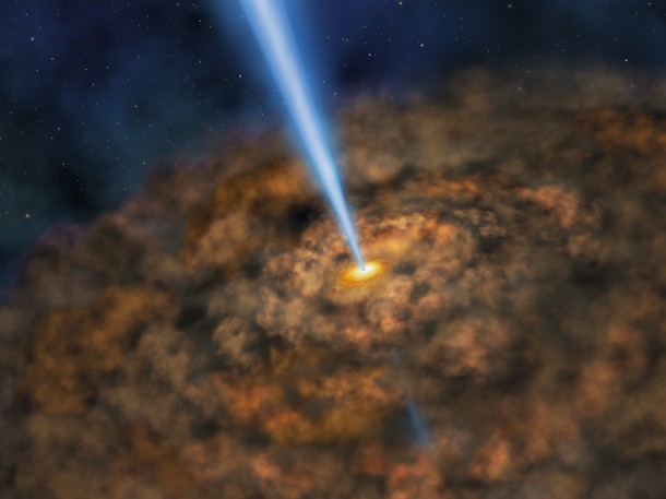 Artist illustration of the thick ring of dust that can obscure the energetic processes that occur near the supermassive black hole of an active galactic nuclei. The SOFIA studies suggest that the dust distribution is about 30 percent smaller than previously thought. Credits: NASA/SOFIA/Lynette Cook Artist illustration of the thick ring of dust that can obscure the energetic processes that occur near the supermassive black hole of an active galactic nuclei. The SOFIA studies suggest that the dust distribution is about 30 percent smaller than previously thought. Credits: NASA/SOFIA/Lynette Cook