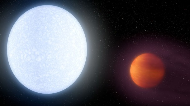 Astronomers at The Ohio State University, Vanderbilt University, the Harvard-Smithsonian Center for Astrophysics and other institutions have discovered a planet that is so hot, its temperature rivals most stars. The hot planet and its host star are shown here in an artist's impression. Robert Hurt, NASA/JPL-Caltech Astronomers at The Ohio State University, Vanderbilt University, the Harvard-Smithsonian Center for Astrophysics and other institutions have discovered a planet that is so hot, its temperature rivals most stars. The hot planet and its host star are shown here in an artist's impression. Robert Hurt, NASA/JPL-Caltech