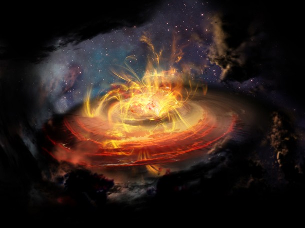 Artist impression of chaotic magnetic field lines very near a newly emerging protostar. NRAO/AUI/NSF; D. Berry Artist impression of chaotic magnetic field lines very near a newly emerging protostar. NRAO/AUI/NSF; D. Berry