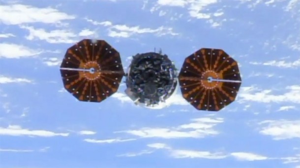 The Cygnus cargo craft, with its prominent Ultra Flex solar arrays, is pictured moments after being released from the International Space Station. Credit: NASA TV The Cygnus cargo craft, with its prominent Ultra Flex solar arrays, is pictured moments after being released from the International Space Station. Credit: NASA TV