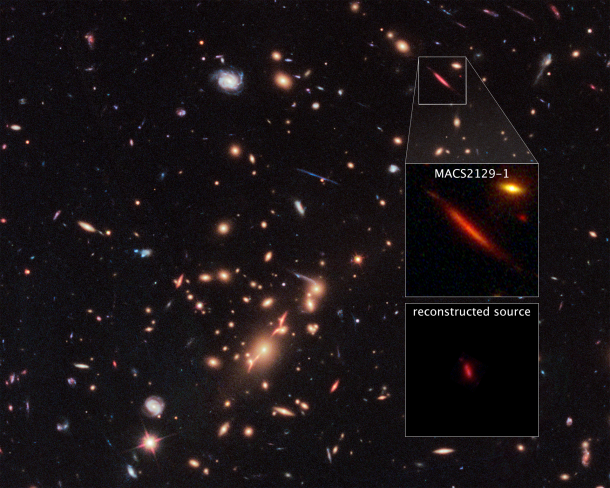 Acting as a “natural telescope” in space, the gravity of the extremely massive foreground galaxy cluster MACS J2129-0741 magnifies, brightens, and distorts the far-distant background galaxy MACS2129-1, shown in the top box. The middle box is a blown-up view of the gravitationally lensed galaxy. In the bottom box is a reconstructed image, based on modeling that shows what the galaxy would look like if the galaxy cluster were not present. The galaxy appears red because it is so distant that its light is shifted into the red part of the spectrum. Credits: NASA, ESA, S. Toft (University of Copenhagen), M. Postman (STScI), and the CLASH team Acting as a “natural telescope” in space, the gravity of the extremely massive foreground galaxy cluster MACS J2129-0741 magnifies, brightens, and distorts the far-distant background galaxy MACS2129-1, shown in the top box. The middle box is a blown-up view of the gravitationally lensed galaxy. In the bottom box is a reconstructed image, based on modeling that shows what the galaxy would look like if the galaxy cluster were not present. The galaxy appears red because it is so distant that its light is shifted into the red part of the spectrum. Credits: NASA, ESA, S. Toft (University of Copenhagen), M. Postman (STScI), and the CLASH team