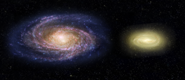 This artist's concept shows what the young, dead, disk galaxy MACS2129-1, right, would look like when compared with the Milky Way galaxy, left. Although three times as massive as the Milky Way, it is only half the size. MACS2129-1 is also spinning more than twice as fast as the Milky Way. Note that regions of Milky Way are blue from bursts of star formation, while the young, dead galaxy is yellow, signifying an older star population and no new star birth. Credits: NASA, ESA, and Z. Levy (STScI) This artist's concept shows what the young, dead, disk galaxy MACS2129-1, right, would look like when compared with the Milky Way galaxy, left. Although three times as massive as the Milky Way, it is only half the size. MACS2129-1 is also spinning more than twice as fast as the Milky Way. Note that regions of Milky Way are blue from bursts of star formation, while the young, dead galaxy is yellow, signifying an older star population and no new star birth. Credits: NASA, ESA, and Z. Levy (STScI)