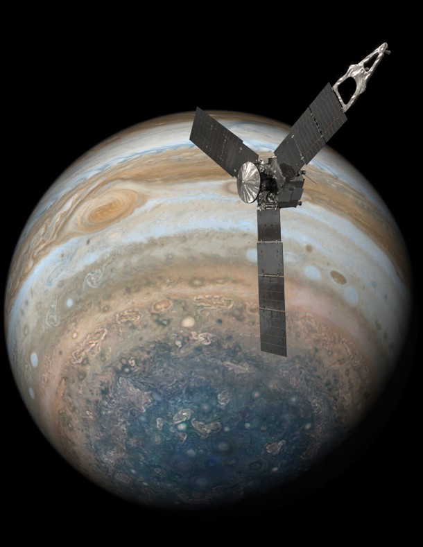This illustration depicts NASA's Juno spacecraft soaring over Jupiter's south pole. Image Credit: NASA/JPL-Caltech This illustration depicts NASA's Juno spacecraft soaring over Jupiter's south pole. Image Credit: NASA/JPL-Caltech