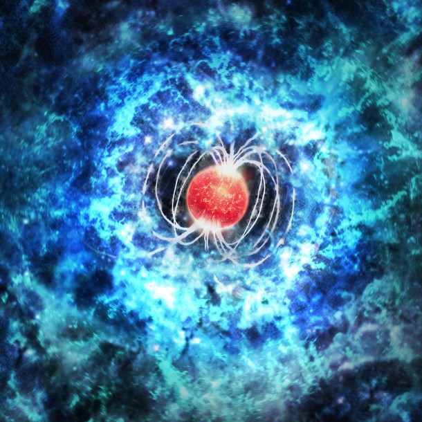 This artist’s impression of SN 2017egm shows the power source for this extraordinarily bright supernova. The explosion was triggered by a massive star that collapsed to form a neutron star with an extremely strong magnetic field and rapid spin, called a magnetar. Debris from the supernova explosion is shown in blue and the magnetar is shown in red. M. Weiss/CfA This artist’s impression of SN 2017egm shows the power source for this extraordinarily bright supernova. The explosion was triggered by a massive star that collapsed to form a neutron star with an extremely strong magnetic field and rapid spin, called a magnetar. Debris from the supernova explosion is shown in blue and the magnetar is shown in red. M. Weiss/CfA