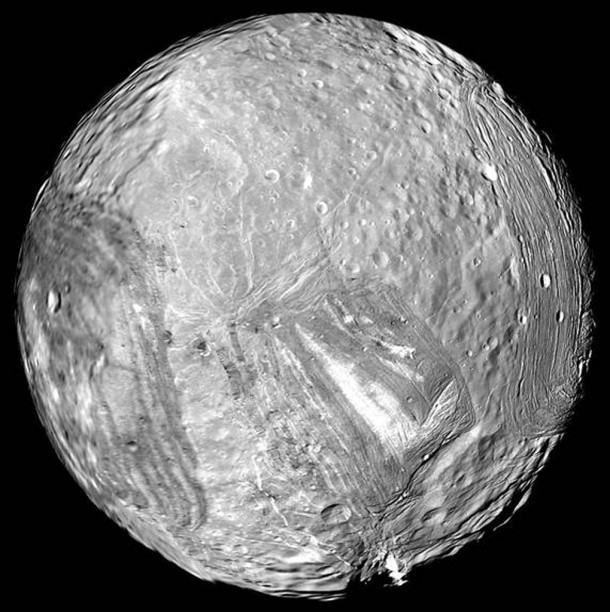 Uranus' icy moon Miranda is seen in this image from Voyager 2 on January 24, 1986. Image credit: NASA/JPL-Caltech Uranus' icy moon Miranda is seen in this image from Voyager 2 on January 24, 1986. Image credit: NASA/JPL-Caltech