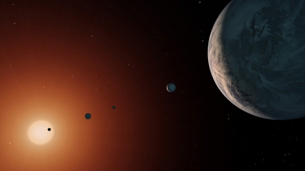 This illustration shows what the TRAPPIST-1 system might look like from a vantage point near planet TRAPPIST-1f (at right). Image Credit: NASA/JPL-Caltech This illustration shows what the TRAPPIST-1 system might look like from a vantage point near planet TRAPPIST-1f (at right). Image Credit: NASA/JPL-Caltech
