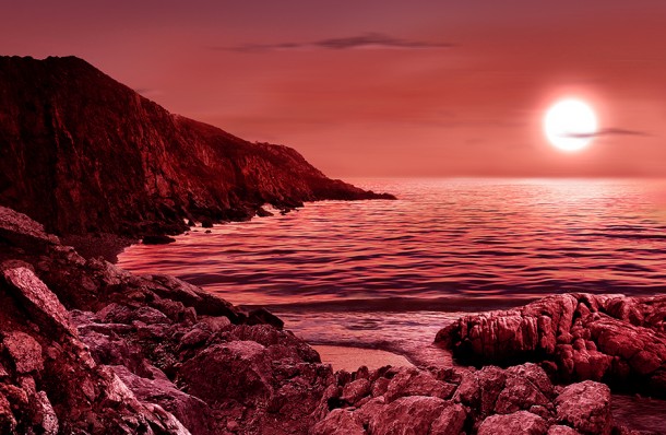 This artist's impression shows how the surface of a planet orbiting a red dwarf star may appear. The planet is in the habitable zone so liquid water exists. However, low levels of ultraviolet radiation from the star have prevented or severely impeded chemical processes thought to be required for life to emerge. This causes the planet to be devoid of life. M. Weiss/CfA This artist's impression shows how the surface of a planet orbiting a red dwarf star may appear. The planet is in the habitable zone so liquid water exists. However, low levels of ultraviolet radiation from the star have prevented or severely impeded chemical processes thought to be required for life to emerge. This causes the planet to be devoid of life. M. Weiss/CfA