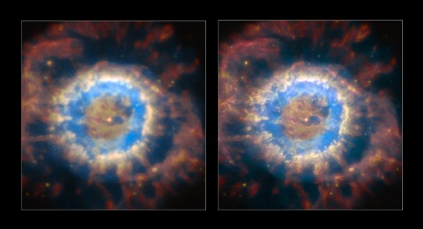 The planetary nebula NGC 6369 seen with natural seeing (left) and when the AOF is providing ground layer correction of the turbulent atmosphere (right). The AOF provides much sharper view of celestial objects and enables access to much finer and fainter structures. Credit: ESO/P. Weilbacher (AIP) The planetary nebula NGC 6369 seen with natural seeing (left) and when the AOF is providing ground layer correction of the turbulent atmosphere (right). The AOF provides much sharper view of celestial objects and enables access to much finer and fainter structures. Credit: ESO/P. Weilbacher (AIP)