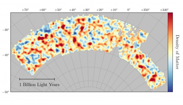 Map of dark matter made from gravitational lensing measurements of 26 million galaxies in the Dark Energy Survey. The map covers about 1/30th of the entire sky and spans several billion light years in extent. Red regions have more dark matter than average, blue regions less dark matter. Image credit: Chihway Chang/Kavli Institute for Cosmological Physics at the University of Chicago/DES Collaboration. Map of dark matter made from gravitational lensing measurements of 26 million galaxies in the Dark Energy Survey. The map covers about 1/30th of the entire sky and spans several billion light years in extent. Red regions have more dark matter than average, blue regions less dark matter. Image credit: Chihway Chang/Kavli Institute for Cosmological Physics at the University of Chicago/DES Collaboration.