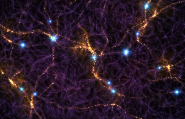 This artist's impression shows part of the cosmic web, a filamentary structure of galaxies that extends across the entire sky. The bright blue, point sources shown here are the signals from Fast Radio Bursts (FRBs) that may accumulate in a radio exposure lasting for a few minutes. The radio signal from an FRB lasts for only a few thousandths of a second, but they should occur at high rates. M. Weiss/CfA This artist's impression shows part of the cosmic web, a filamentary structure of galaxies that extends across the entire sky. The bright blue, point sources shown here are the signals from Fast Radio Bursts (FRBs) that may accumulate in a radio exposure lasting for a few minutes. The radio signal from an FRB lasts for only a few thousandths of a second, but they should occur at high rates. M. Weiss/CfA