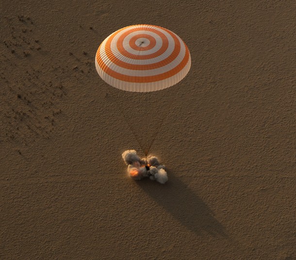The Soyuz MS-04 vehicle is pictured the moment it touches down with the Expedition 52 crew inside. Photo Credit: (NASA/Bill Ingalls) The Soyuz MS-04 vehicle is pictured the moment it touches down with the Expedition 52 crew inside. Photo Credit: (NASA/Bill Ingalls)