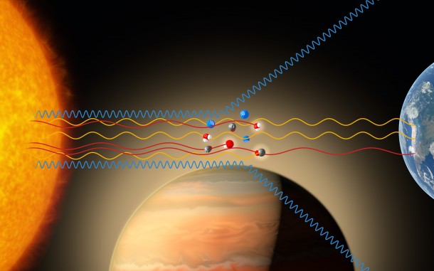As WASP-19b passes in front of its parent star, some of the starlight passes through the planet’s atmosphere and leaves subtle fingerprints in the light that eventually reaches Earth. By using the FORS2 instrument on the Very Large Telescope the team was able to carefully analyse this light and deduce that the atmosphere contained small amounts of titanium oxide, water and traces of sodium, alongside a strongly scattering global haze. Credit: ESO/M. Kornmesser As WASP-19b passes in front of its parent star, some of the starlight passes through the planet’s atmosphere and leaves subtle fingerprints in the light that eventually reaches Earth. By using the FORS2 instrument on the Very Large Telescope the team was able to carefully analyse this light and deduce that the atmosphere contained small amounts of titanium oxide, water and traces of sodium, alongside a strongly scattering global haze. Credit: ESO/M. Kornmesser