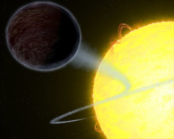 This artist’s impression shows the exoplanet WASP-12b — an alien world as black as fresh asphalt, orbiting a star like our Sun. Scientists were able to measure its albedo: the amount of light the planet reflects. The results showed that the planet is extremely dark at optical wavelengths. Credit: NASA, ESA, and G. Bacon (STScI) This artist’s impression shows the exoplanet WASP-12b — an alien world as black as fresh asphalt, orbiting a star like our Sun. Scientists were able to measure its albedo: the amount of light the planet reflects. The results showed that the planet is extremely dark at optical wavelengths. Credit: NASA, ESA, and G. Bacon (STScI)