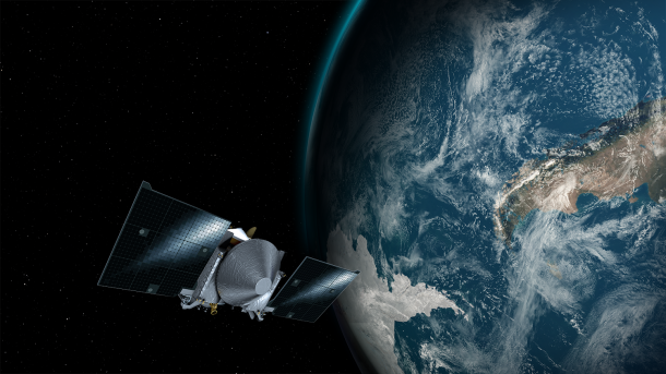 This artist's concept shows the OSIRIS-REx spacecraft passing by Earth. Credits: NASA's Goddard Space Flight Center/University of Arizona. This artist's concept shows the OSIRIS-REx spacecraft passing by Earth. Credits: NASA's Goddard Space Flight Center/University of Arizona.