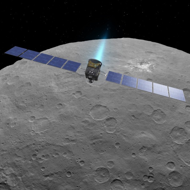 This artist concept shows NASA's Dawn spacecraft above dwarf planet Ceres, as seen in images from the mission. NASA/JPL-Caltech This artist concept shows NASA's Dawn spacecraft above dwarf planet Ceres, as seen in images from the mission. NASA/JPL-Caltech
