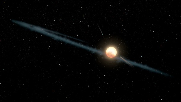 This illustration depicts a hypothetical uneven ring of dust orbiting KIC 8462852, also known as Boyajian's Star or Tabby's Star. Credit: NASA/JPL-Caltech This illustration depicts a hypothetical uneven ring of dust orbiting KIC 8462852, also known as Boyajian's Star or Tabby's Star. Credit: NASA/JPL-Caltech