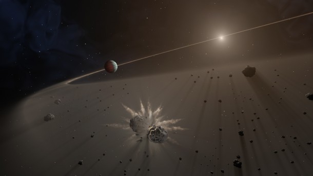 This artist's rendering shows a large exoplanet causing small bodies to collide in a disk of dust. Credit: NASA/JPL-Caltech This artist's rendering shows a large exoplanet causing small bodies to collide in a disk of dust. Credit: NASA/JPL-Caltech