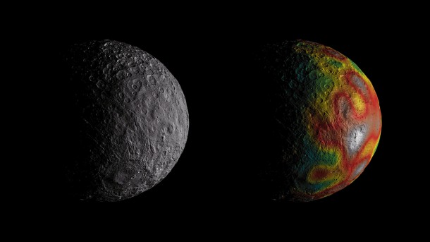 The map overlaid at right gives scientists hints about Ceres' internal structure from gravity measurements. Image credit: NASA/JPL-Caltech/UCLA/MPS/DLR/IDA The map overlaid at right gives scientists hints about Ceres' internal structure from gravity measurements. Image credit: NASA/JPL-Caltech/UCLA/MPS/DLR/IDA