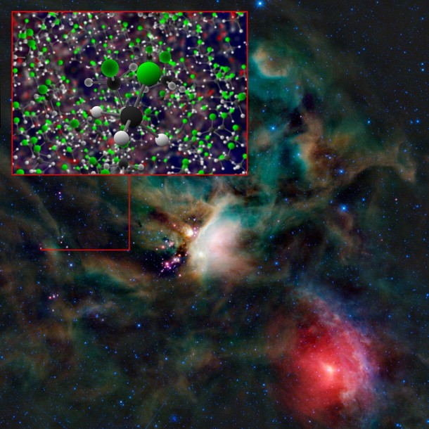 Organohalogen methyl chloride discovered by ALMA around the infant stars in IRAS 16293-2422. These same organic compounds were discovered in the thin atmosphere surrounding 67P/C-G by the Rosetta space probe. B. Saxton (NRAO/AUI/NSF) Organohalogen methyl chloride discovered by ALMA around the infant stars in IRAS 16293-2422. These same organic compounds were discovered in the thin atmosphere surrounding 67P/C-G by the Rosetta space probe. B. Saxton (NRAO/AUI/NSF)