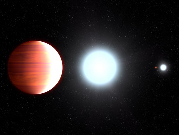 This illustration shows the seething hot planet Kepler-13Ab that circles very close to its host star, Kepler-13A. On the nighttime side the planet's immense gravity pulls down titanium oxide, which precipitates as snow. Seen in the background is the star's binary companion, Kepler-13B, and the third member of the multiple-star system is the orange dwarf star, Kepler-13C. Credits: NASA, ESA, and G. Bacon (STScI) This illustration shows the seething hot planet Kepler-13Ab that circles very close to its host star, Kepler-13A. On the nighttime side the planet's immense gravity pulls down titanium oxide, which precipitates as snow. Seen in the background is the star's binary companion, Kepler-13B, and the third member of the multiple-star system is the orange dwarf star, Kepler-13C. Credits: NASA, ESA, and G. Bacon (STScI)