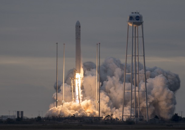 The Orbital ATK Antares rocket, with the Cygnus spacecraft onboard, launches from Pad-0A, Sunday, Nov. 12, 2017 at NASA’s Wallops Flight Facility in Virginia. Orbital ATK’s eighth contracted cargo resupply mission with NASA to the International Space Station will deliver approximately 7,400 pounds of science and research, crew supplies and vehicle hardware to the orbital laboratory and its crew. Photo Credit: (NASA/Bill Ingalls) The Orbital ATK Antares rocket, with the Cygnus spacecraft onboard, launches from Pad-0A, Sunday, Nov. 12, 2017 at NASA’s Wallops Flight Facility in Virginia. Orbital ATK’s eighth contracted cargo resupply mission with NASA to the International Space Station will deliver approximately 7,400 pounds of science and research, crew supplies and vehicle hardware to the orbital laboratory and its crew. Photo Credit: (NASA/Bill Ingalls)