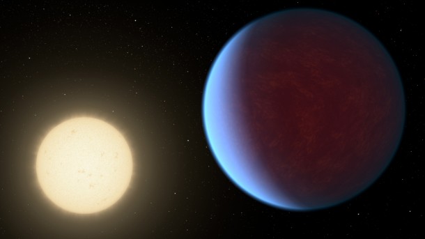 The super-Earth exoplanet 55 Cancri e, depicted with its star in this artist's concept, likely has an atmosphere thicker than Earth's but with ingredients that could be similar to those of Earth's atmosphere. The super-Earth exoplanet 55 Cancri e, depicted with its star in this artist's concept, likely has an atmosphere thicker than Earth's but with ingredients that could be similar to those of Earth's atmosphere.