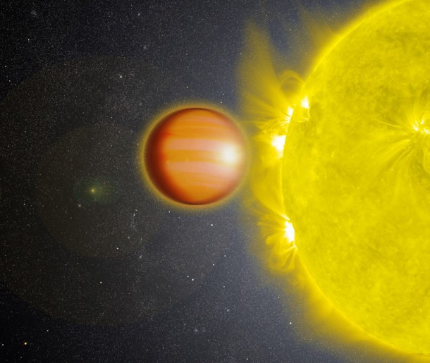 A NASA-led team of scientists determined that WASP-18b, a "hot Jupiter" located 325 light-years from Earth, has a stratosphere that's loaded with carbon monoxide, but has no signs of water. A NASA-led team of scientists determined that WASP-18b, a "hot Jupiter" located 325 light-years from Earth, has a stratosphere that's loaded with carbon monoxide, but has no signs of water.