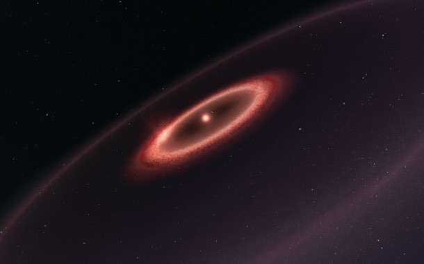 This artist’s impression shows how the newly discovered belts of dust around the closest star to the Solar System, Proxima Centauri, may look. ALMA observations revealed the glow coming from cold dust in a region between one to four times as far from Proxima Centauri as the Earth is from the Sun. Credit: ESO/M. Kornmesser This artist’s impression shows how the newly discovered belts of dust around the closest star to the Solar System, Proxima Centauri, may look. ALMA observations revealed the glow coming from cold dust in a region between one to four times as far from Proxima Centauri as the Earth is from the Sun. Credit: ESO/M. Kornmesser