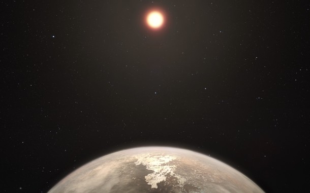 This artist’s impression shows the temperate planet Ross 128 b, with its red dwarf parent star in the background. Credit: ESO/M. Kornmesser This artist’s impression shows the temperate planet Ross 128 b, with its red dwarf parent star in the background. Credit: ESO/M. Kornmesser