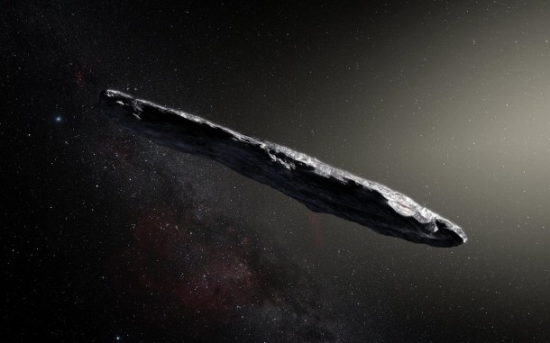 Artist's concept of interstellar asteroid 1I/2017 U1 ('Oumuamua) as it passed through the solar system after its discovery in October 2017. The aspect ratio of up to 10:1 is unlike that of any object seen in our own solar system. Image credit: European Southern Observatory / M. Kornmesser Artist's concept of interstellar asteroid 1I/2017 U1 ('Oumuamua) as it passed through the solar system after its discovery in October 2017. The aspect ratio of up to 10:1 is unlike that of any object seen in our own solar system. Image credit: European Southern Observatory / M. Kornmesser
