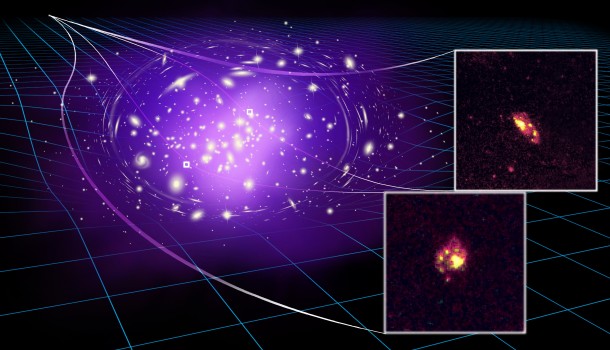 The massive galaxy cluster bends the light of the most ancient spiral galaxy behind it, producing two highly magnified images that allow astronomers to study the spiral structures in great details. Image credit: James Josephides. The massive galaxy cluster bends the light of the most ancient spiral galaxy behind it, producing two highly magnified images that allow astronomers to study the spiral structures in great details. Image credit: James Josephides.