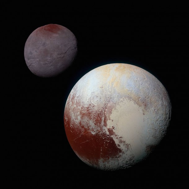 Composite, enhanced-color image of Pluto (lower right) and its largest moon Charon (upper left) taken by NASA’s New Horizons spacecraft on July 14, 2015. Pluto and Charon are shown with approximately correct relative sizes, but their true separation is not to scale. Credits: NASA/JHUAPL/SwRI Composite, enhanced-color image of Pluto (lower right) and its largest moon Charon (upper left) taken by NASA’s New Horizons spacecraft on July 14, 2015. Pluto and Charon are shown with approximately correct relative sizes, but their true separation is not to scale. Credits: NASA/JHUAPL/SwRI