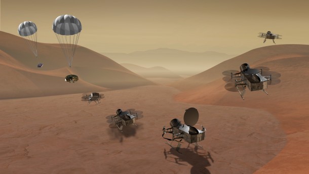 Dragonfly is a dual-quadcopter lander that would take advantage of the environment on Titan to fly to multiple locations, some hundreds of miles apart, to sample materials and determine surface composition to investigate Titan's organic chemistry and habitability, monitor atmospheric and surface conditions, image landforms to investigate geological processes, and perform seismic studies. Credits: NASA Dragonfly is a dual-quadcopter lander that would take advantage of the environment on Titan to fly to multiple locations, some hundreds of miles apart, to sample materials and determine surface composition to investigate Titan's organic chemistry and habitability, monitor atmospheric and surface conditions, image landforms to investigate geological processes, and perform seismic studies. Credits: NASA