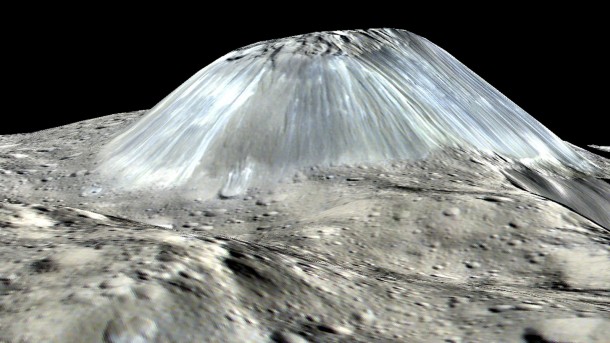 Ahuna Mons, Ceres' unique tall mountain, hosts the only example of bright material on Ceres that is not associated with an impact. This is a simulated perspective view. Image Credit: NASA/JPL-Caltech/UCLA/MPS/DLR/IDA Ahuna Mons, Ceres' unique tall mountain, hosts the only example of bright material on Ceres that is not associated with an impact. This is a simulated perspective view. Image Credit: NASA/JPL-Caltech/UCLA/MPS/DLR/IDA