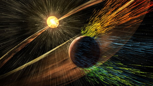 This illustration depicts charged particles from a solar storm stripping away charged particles of Mars' atmosphere, one of the processes of Martian atmosphere loss studied by NASA's MAVEN mission, beginning in 2014. Unlike Earth, Mars lacks a global magnetic field that could deflect charged particles emanating from the Sun. Image credit: NASA/GSFC This illustration depicts charged particles from a solar storm stripping away charged particles of Mars' atmosphere, one of the processes of Martian atmosphere loss studied by NASA's MAVEN mission, beginning in 2014. Unlike Earth, Mars lacks a global magnetic field that could deflect charged particles emanating from the Sun. Image credit: NASA/GSFC