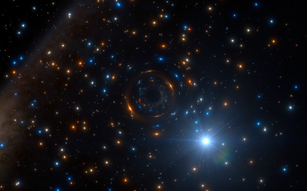 Astronomers using ESO’s MUSE instrument on the Very Large Telescope in Chile have discovered a star in the cluster NGC 3201 that is behaving very strangely. It appears to be orbiting an invisible black hole with about four times the mass of the Sun — the first such inactive stellar-mass black hole found in a globular cluster. This important discovery impacts on our understanding of the formation of these star clusters, black holes, and the origins of gravitational wave events.This artist’s impression shows how the star and its massive but invisible black hole companion may look, in the rich heart of the globular star cluster. Credit: ESO/L. Calçada/spaceengine.org Astronomers using ESO’s MUSE instrument on the Very Large Telescope in Chile have discovered a star in the cluster NGC 3201 that is behaving very strangely. It appears to be orbiting an invisible black hole with about four times the mass of the Sun — the first such inactive stellar-mass black hole found in a globular cluster. This important discovery impacts on our understanding of the formation of these star clusters, black holes, and the origins of gravitational wave events.This artist’s impression shows how the star and its massive but invisible black hole companion may look, in the rich heart of the globular star cluster. Credit: ESO/L. Calçada/spaceengine.org
