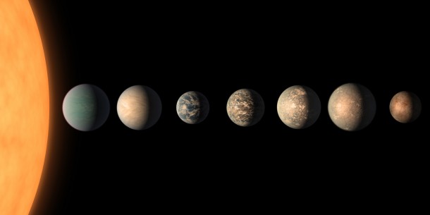 This artist's concept shows what the TRAPPIST-1 planetary system may look like, based on available data about the planets' diameters, masses and distances from the host star, as of February 2018. Credit: NASA/JPL-Caltech This artist's concept shows what the TRAPPIST-1 planetary system may look like, based on available data about the planets' diameters, masses and distances from the host star, as of February 2018. Credit: NASA/JPL-Caltech