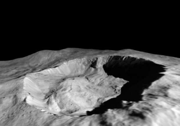 This view from NASA's Dawn mission shows where ice has been detected in the northern wall of Ceres' Juling Crater, which is in almost permanent shadow. Image credit: NASA/JPL-Caltech/UCLA/MPS/DLR/IDA/ASI/INAF This view from NASA's Dawn mission shows where ice has been detected in the northern wall of Ceres' Juling Crater, which is in almost permanent shadow. Image credit: NASA/JPL-Caltech/UCLA/MPS/DLR/IDA/ASI/INAF