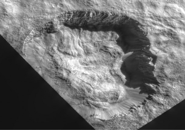 This view from NASA's Dawn mission shows the floor of Ceres' Juling Crater. The crater floor shows evidence of the flow of ice and rock, similar to rock glaciers in Earth's polar regions. Image credit: NASA/JPL-Caltech/UCLA/MPS/DLR/IDA/ASI/INAF This view from NASA's Dawn mission shows the floor of Ceres' Juling Crater. The crater floor shows evidence of the flow of ice and rock, similar to rock glaciers in Earth's polar regions. Image credit: NASA/JPL-Caltech/UCLA/MPS/DLR/IDA/ASI/INAF