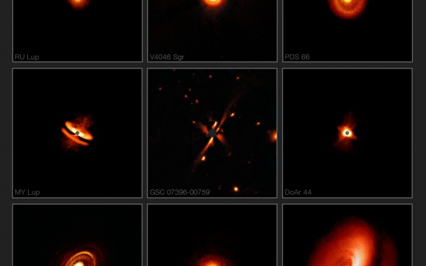 New images from the SPHERE instrument on ESO’s Very Large Telescope are revealing the dusty discs surrounding nearby young stars in greater detail than previously achieved. They show a bizarre variety of shapes, sizes and structures, including the likely effects of planets still in the process of forming. Credit: ESO/H. Avenhaus et al./E. Sissa et al./DARTT-S and SHINE collaborations New images from the SPHERE instrument on ESO’s Very Large Telescope are revealing the dusty discs surrounding nearby young stars in greater detail than previously achieved. They show a bizarre variety of shapes, sizes and structures, including the likely effects of planets still in the process of forming. Credit: ESO/H. Avenhaus et al./E. Sissa et al./DARTT-S and SHINE collaborations