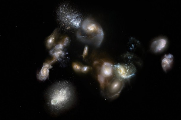 This artist's impression of SPT2349-56 shows a group of interacting and merging galaxies in the early Universe. Such mergers have been spotted using the ALMA and APEX telescopes and represent the formation of galaxies clusters, the most massive objects in the modern Universe. Astronomers thought that these events occurred around three billion years after the Big Bang, so they were surprised when the new observations revealed them happening when the Universe was only half that age! Credit: ESO/M. Kornmesser This artist's impression of SPT2349-56 shows a group of interacting and merging galaxies in the early Universe. Such mergers have been spotted using the ALMA and APEX telescopes and represent the formation of galaxies clusters, the most massive objects in the modern Universe. Astronomers thought that these events occurred around three billion years after the Big Bang, so they were surprised when the new observations revealed them happening when the Universe was only half that age! Credit: ESO/M. Kornmesser