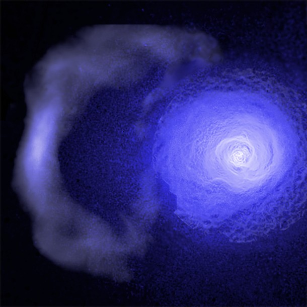 A gigantic and resilient “cold front” hurtling through the Perseus galaxy cluster has been studied using data from NASA’s Chandra X-ray Observatory. Credits: NASA/CXC/GSFC/S. Walker, ESA/XMM, ROSAT A gigantic and resilient “cold front” hurtling through the Perseus galaxy cluster has been studied using data from NASA’s Chandra X-ray Observatory. Credits: NASA/CXC/GSFC/S. Walker, ESA/XMM, ROSAT