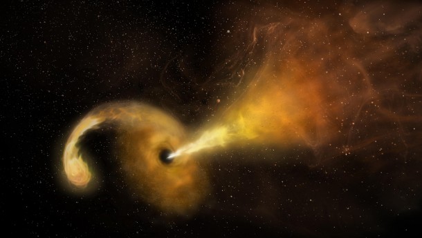 An artist's concept of a tidal disruption event (TDE) that happens when a star passes fatally close to a supermassive black hole, which reacts by launching a relativistic jet. Credit: Sophia Dagnello, NRAO/AUI/NSF An artist's concept of a tidal disruption event (TDE) that happens when a star passes fatally close to a supermassive black hole, which reacts by launching a relativistic jet. Credit: Sophia Dagnello, NRAO/AUI/NSF