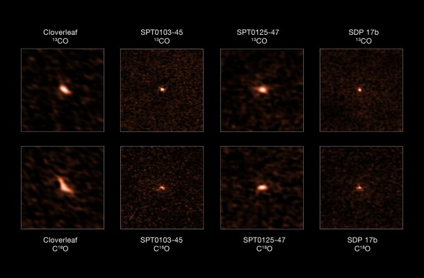 This image shows the four distant starburst galaxies observed by ALMA. The top images depict the 13CO emission from each galaxy, while the bottom ones show their C18O emission. The ratio of these two isotopologues allowed astronomers to determine that these starburst galaxies have an excess of massive stars. Credit: ALMA (ESO/NAOJ/NRAO), Zhang et al. This image shows the four distant starburst galaxies observed by ALMA. The top images depict the 13CO emission from each galaxy, while the bottom ones show their C18O emission. The ratio of these two isotopologues allowed astronomers to determine that these starburst galaxies have an excess of massive stars. Credit: ALMA (ESO/NAOJ/NRAO), Zhang et al.