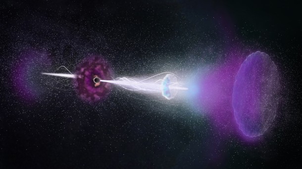 Artist impression of the "reverse shock" echoing back though the jets of the gamma-ray burst (GRB 161219B). Credit: NRAO/AUI/NSF, S. Dagnello Artist impression of the "reverse shock" echoing back though the jets of the gamma-ray burst (GRB 161219B). Credit: NRAO/AUI/NSF, S. Dagnello