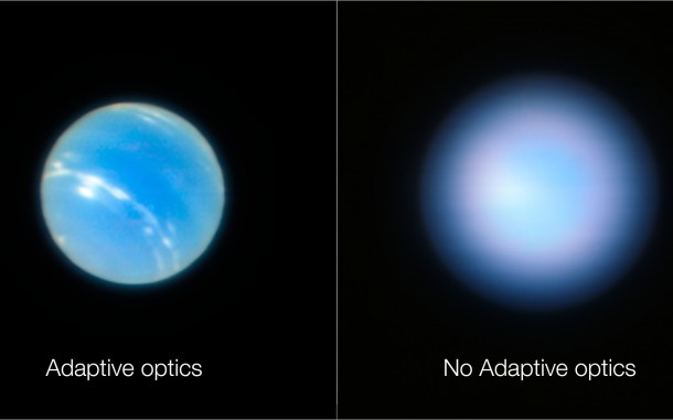 These images of the planet Neptune were obtained during the testing of the Narrow-Field adaptive optics mode of the MUSE/GALACSI instrument on ESO’s Very Large Telescope. The image on the right is without the adaptive optics system in operation and the one on the left after the adaptive optics are switched on. Credit: ESO/P. Weilbacher (AIP) These images of the planet Neptune were obtained during the testing of the Narrow-Field adaptive optics mode of the MUSE/GALACSI instrument on ESO’s Very Large Telescope. The image on the right is without the adaptive optics system in operation and the one on the left after the adaptive optics are switched on. Credit: ESO/P. Weilbacher (AIP)