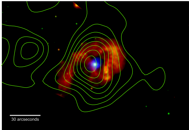 Eta Carinae shines in X-rays in this image from NASA's Chandra X-ray Observatory. The colors indicate different energies. Red spans 300 to 1,000 electron volts (eV), green ranges from 1,000 to 3,000 eV and blue covers 3,000 to 10,000 eV. For comparison, the energy of visible light is about 2 to 3 eV. NuSTAR observations (green contours) reveal a source of X-rays with energies some three times higher than Chandra detects. X-rays seen from the central point source arise from the binary’s stellar wind collision. The NuSTAR detection shows that shock waves in the wind collision zone accelerate charged particles like electrons and protons to near the speed of light. Some of these may reach Earth, where they will be detected as cosmic ray particles. X-rays scattered by debris ejected in Eta Carinae's famous 1840 eruption may produce the broader red emission. Credits: NASA/CXC and NASA/JPL-Caltech Eta Carinae shines in X-rays in this image from NASA's Chandra X-ray Observatory. The colors indicate different energies. Red spans 300 to 1,000 electron volts (eV), green ranges from 1,000 to 3,000 eV and blue covers 3,000 to 10,000 eV. For comparison, the energy of visible light is about 2 to 3 eV. NuSTAR observations (green contours) reveal a source of X-rays with energies some three times higher than Chandra detects. X-rays seen from the central point source arise from the binary’s stellar wind collision. The NuSTAR detection shows that shock waves in the wind collision zone accelerate charged particles like electrons and protons to near the speed of light. Some of these may reach Earth, where they will be detected as cosmic ray particles. X-rays scattered by debris ejected in Eta Carinae's famous 1840 eruption may produce the broader red emission. Credits: NASA/CXC and NASA/JPL-Caltech