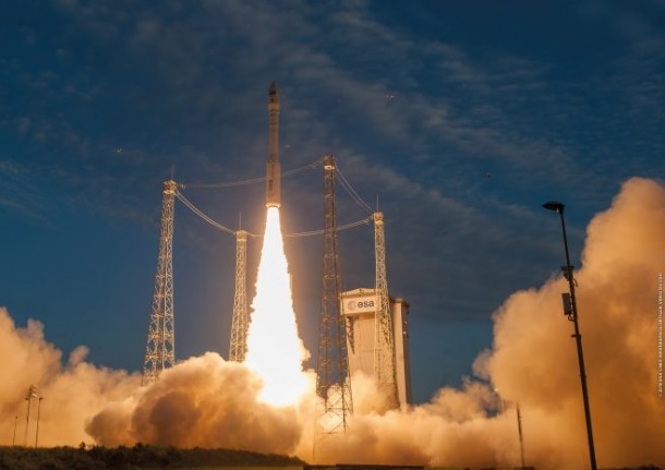 Vega begins its ascent from French Guiana on Arianespace’s successful Flight VV12 to deploy the European Aeolus wind monitoring satellite. Vega begins its ascent from French Guiana on Arianespace’s successful Flight VV12 to deploy the European Aeolus wind monitoring satellite.